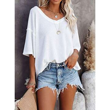 Dokotoo Women's Summer V Neck Waffle Knit Oversized Slouchy Shirt Henley Short Sleeve Tunic Tops Cas...