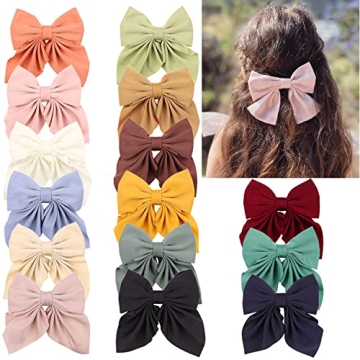 15 PCS Fable Hair Bows for Girls Satin Solid Color Large Girl Bow with Alligator Clips Handmade Big ...