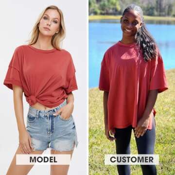 EXLURA Womens Summer Oversized T Shirts 2025 Casual Short Sleeve Loose Maternity Tops Crewneck Tunic Plus Gym Workout Top Brick Red