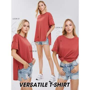 EXLURA Womens Summer Oversized T Shirts 2025 Casual Short Sleeve Loose Maternity Tops Crewneck Tunic Plus Gym Workout Top Brick Red