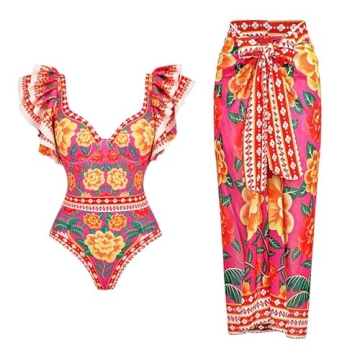 FLAXMAKER One Shoulder 3D Flower Animal Print One Piece Swimsuit and Sarong (US, Alpha, Small, Regular, Regular, Swimsuit and Sarongs)