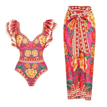 FLAXMAKER One Shoulder 3D Flower Animal Print One Piece Swimsuit and Sarong (US, Alpha, Small, Regular, Regular, Swimsuit and Sarongs)