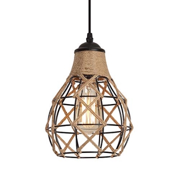 Rustic Industrial Woven Pendant Light, One-Light Adjustable Metal Hemp Rope Mini Pendant Lighting Fi...