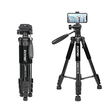 ZOMEI 65” Camera Tripod Compact Light Weight Travel Aluminum Camera/Phone Tripod for Canon Nikon with 2PC Quick Plates and Universal Phone Mount 11 lbs Load (Black)