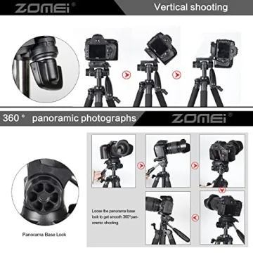 ZOMEI 65” Camera Tripod Compact Light Weight Travel Aluminum Camera/Phone Tripod for Canon Nikon with 2PC Quick Plates and Universal Phone Mount 11 lbs Load (Black)