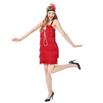 Wizland 1920s Tassel Flapper Dress Cocktail Party Roaring 20s Great Gatsby Ballroom Dress With A Headband,A Necklace (Red 2XL)