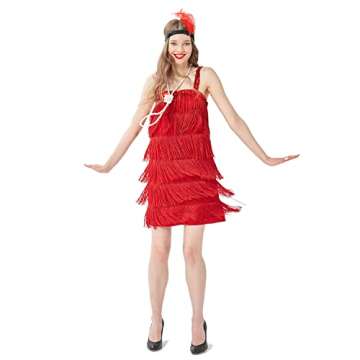 Wizland 1920s Tassel Flapper Dress Cocktail Party Roaring 20s Great Gatsby Ballroom Dress With A Headband,A Necklace (Red 2XL)
