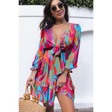 Dokotoo Summer Dresses for Women 2025 Sexy V Neck Ruffle Elegant Long Sleeve High Waist Chiffon Patterned Boho Swing A Line Mini Short Dress for Women Summer Wedding Guest Dresses Multicolor Small