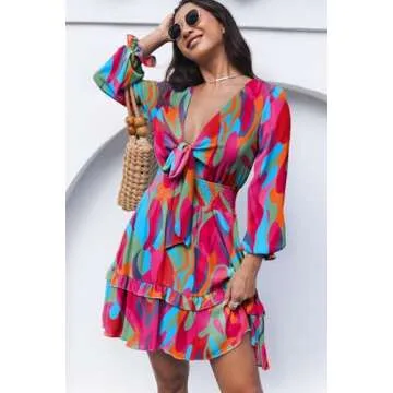 Dokotoo Summer Dresses for Women 2025 Sexy V Neck Ruffle Elegant Long Sleeve High Waist Chiffon Patterned Boho Swing A Line Mini Short Dress for Women Summer Wedding Guest Dresses Multicolor Small