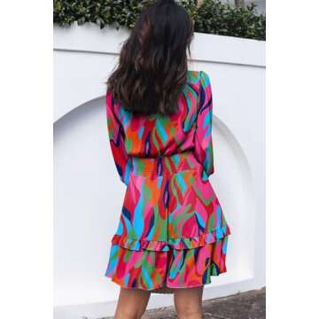 Dokotoo Summer Dresses for Women 2025 Sexy V Neck Ruffle Elegant Long Sleeve High Waist Chiffon Patterned Boho Swing A Line Mini Short Dress for Women Summer Wedding Guest Dresses Multicolor Small
