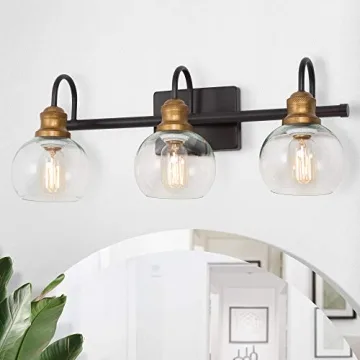 LALUZ Bathroom Light Fixtures - Elegant Vanity Lights with Antique Gold and Clear Glass Shades