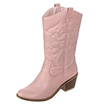 Charles Albert Cowboy Boots for Women Mid-Calf Boot Embroidered Stiching Western Cowgirl Boots Low Stacked Heel