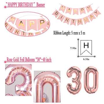 30th Birthday Party Decorations, Rose Gold Party Supplies with 30 Birthday Balloons, Happy Birthday Banner, Birthday Sash, Rose Gold Confetti Balloons, 30 Birthday Party Supplies for Women