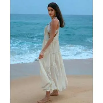 Gacaky Summer Dress for Women Casual Floral Embroidered Bohemian Dress Adjustable Straps Bib Maxi Flowy Dress with Pockets Beige Small