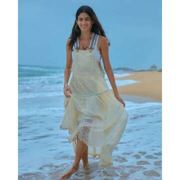 Gacaky Summer Dress for Women Casual Floral Embroidered Bohemian Dress Adjustable Straps Bib Maxi Flowy Dress with Pockets Beige Small