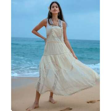 Gacaky Summer Dress for Women Casual Floral Embroidered Bohemian Dress Adjustable Straps Bib Maxi Flowy Dress with Pockets Beige Small