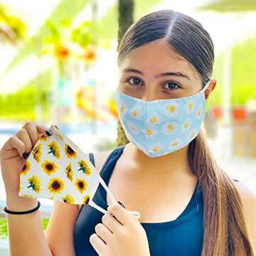 2 PCS Sunflower Face Mask for Women, Daisy Floral Mask for Girls, Reusable Cotton Cloth Washable Mas...