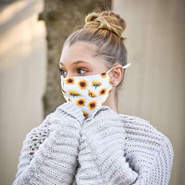 2 PCS Sunflower Face Mask for Women, Daisy Floral Mask for Girls, Reusable Cotton Cloth Washable Masks with Filter Pocket, Cool Cute Fashionable Breathable Cover