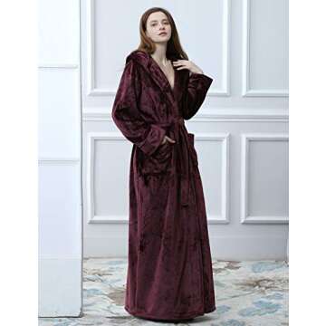 iCREAT Womens Long Hooded Bathrobe Fleece Full Length Bathrobe with Hood Winter Sleepwear, Wine-M