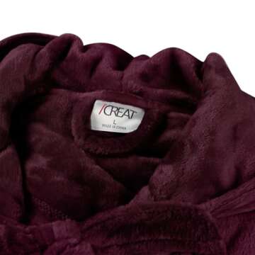 iCREAT Womens Long Hooded Bathrobe Fleece Full Length Bathrobe with Hood Winter Sleepwear, Wine-M
