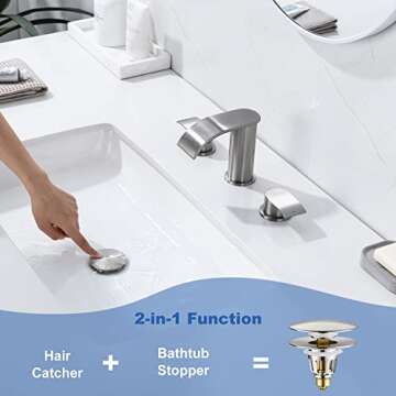 2-in-1 Universal Bathroom Sink Stopper - Brushed Nickel Pop Up Sink Drain Stopper, Brass Bounce Bullet Core Sink Stopper Replacement, Wash Basin Drain Filter Plug with Anti-Clogging Strainer