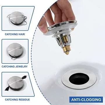 2-in-1 Universal Bathroom Sink Stopper - Brushed Nickel Pop Up Sink Drain Stopper, Brass Bounce Bullet Core Sink Stopper Replacement, Wash Basin Drain Filter Plug with Anti-Clogging Strainer