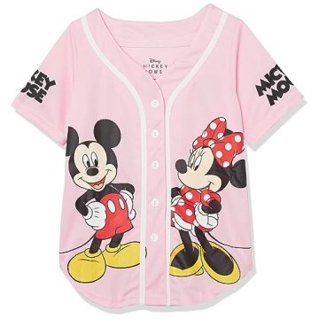 Disney Big Girls Mickey & Minnie Mouse Baseball Jersey - Classic Mesh Button Down Shirt, Light Pink/...