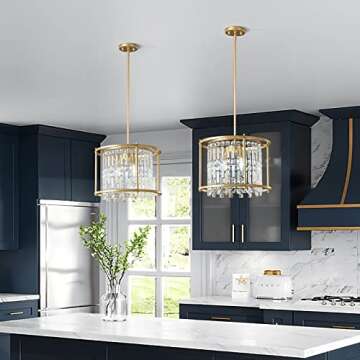 LMQNINE Dining Room Light Fixture, 3-Light Round Industrial Chandelier Crystal Pendant Lights Kitche...