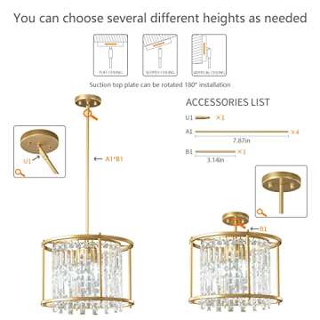 LMQNINE Dining Room Light Fixture, 3-Light Round Industrial Chandelier Crystal Pendant Lights Kitchen Island Modern Chandeliers for Entryway Dining Room Living Room (15.74 inch Gold)