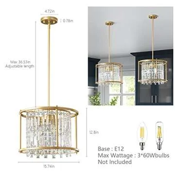 LMQNINE Dining Room Light Fixture, 3-Light Round Industrial Chandelier Crystal Pendant Lights Kitchen Island Modern Chandeliers for Entryway Dining Room Living Room (15.74 inch Gold)