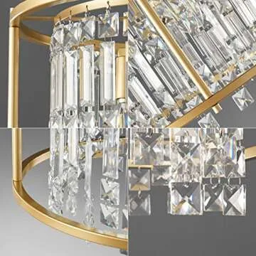 LMQNINE Dining Room Light Fixture, 3-Light Round Industrial Chandelier Crystal Pendant Lights Kitchen Island Modern Chandeliers for Entryway Dining Room Living Room (15.74 inch Gold)