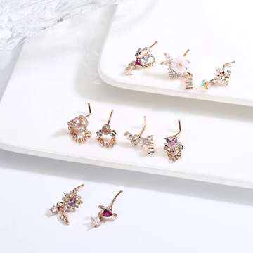 JOERICA 9 Pcs 20G Dangle Nose Rings Studs for Women Stainless Steel L Shaped Nose Studs Heart Arrow ...