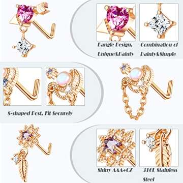 JOERICA 9 Pcs 20G Dangle Nose Rings Studs for Women Stainless Steel L Shaped Nose Studs Heart Arrow Feather Snowflake Wing CZ Dangling Nose Piercing Jewelry