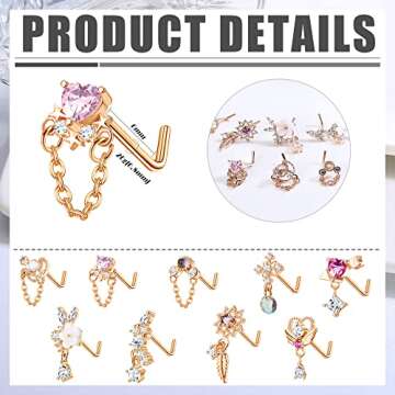 JOERICA 9 Pcs 20G Dangle Nose Rings Studs for Women Stainless Steel L Shaped Nose Studs Heart Arrow Feather Snowflake Wing CZ Dangling Nose Piercing Jewelry