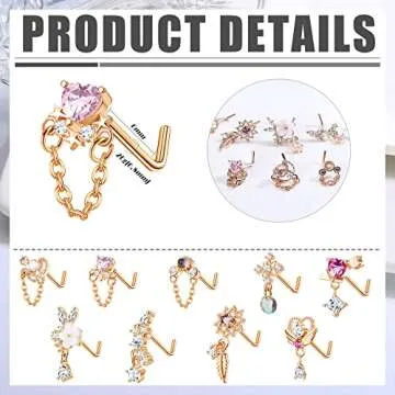 JOERICA 9 Pcs 20G Dangle Nose Rings Studs for Women Stainless Steel L Shaped Nose Studs Heart Arrow Feather Snowflake Wing CZ Dangling Nose Piercing Jewelry