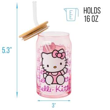 Silver Buffalo Sanrio Hello Kitty Waving Pink Glass Jar Tumbler with Bamboo Lid and Glass Straw, 16 ...
