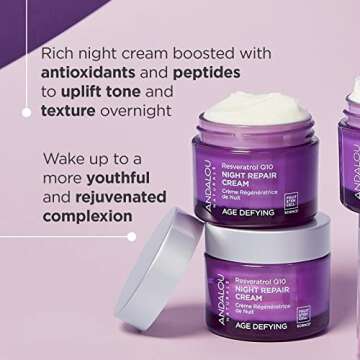 Andalou Naturals Resveratrol Q10 Night Repair Cream, For Dry Skin, Fine Lines & Wrinkles, For Softer, Smoother, Younger Looking Skin, 1.7 Ounce