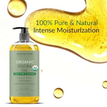 MAJESTIC PURE USDA Organic Jojoba Oil | 100% Pure Jojoba Oil Organic for Skin, Hair, Scalp, Nails, Face | Cold Pressed & Hexane Free | Hair & Body Oil | 8 Fl Oz