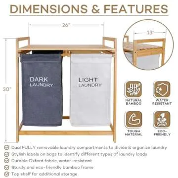 Laundry Organizer with 2 Sections - WONGLE Two-Color Pull-Out Laundry Hamper Basket with Removable Laundry Sorter Bags and Top Shelf, Custom Dark Light White Color Labels, Bamboo Frame (Grey/Khaki)