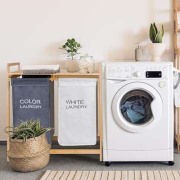 Laundry Organizer with 2 Sections - WONGLE Two-Color Pull-Out Laundry Hamper Basket with Removable Laundry Sorter Bags and Top Shelf, Custom Dark Light White Color Labels, Bamboo Frame (Grey/Khaki)