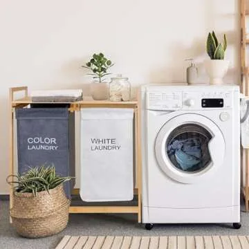 Laundry Organizer with 2 Sections - WONGLE Two-Color Pull-Out Laundry Hamper Basket with Removable Laundry Sorter Bags and Top Shelf, Custom Dark Light White Color Labels, Bamboo Frame (Grey/Khaki)