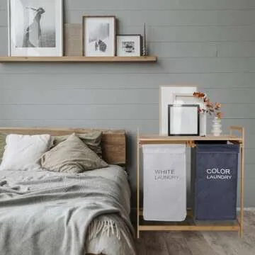 Laundry Organizer with 2 Sections - WONGLE Two-Color Pull-Out Laundry Hamper Basket with Removable Laundry Sorter Bags and Top Shelf, Custom Dark Light White Color Labels, Bamboo Frame (Grey/Khaki)