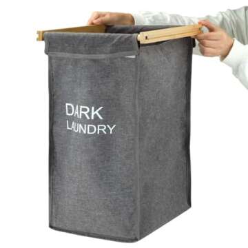 Laundry Organizer with 2 Sections - WONGLE Two-Color Pull-Out Laundry Hamper Basket with Removable Laundry Sorter Bags and Top Shelf, Custom Dark Light White Color Labels, Bamboo Frame (Grey/Khaki)