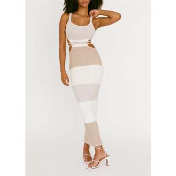 Yuemengxuan Women Sexy Backless Lace up Maxi Dress Elegant Spaghetti Strap Hollow Out Long Dress Party Streetwear (Khaki-B, L)