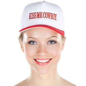 Funky Junque 'Kiss Me Cowboy' Hat, – Vintage Embroidered Snapback Cap, Adjustable Mesh Baseball Hat for Women