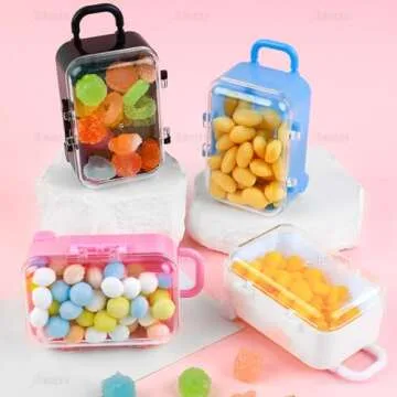 AUEAR, 4 Pack Mini Suitcase Box Plastic Candy Small Reception Gift Travel Case for Wedding Party Decoration (Pink, Blue, White, Black)