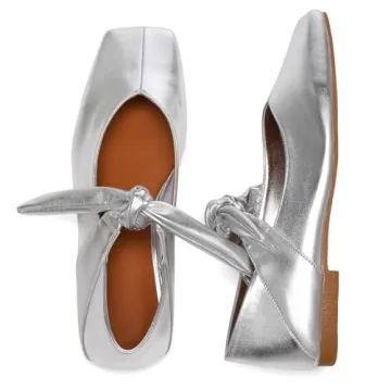 VOLEECE Silver Bow Ballet Flats Shoes for Women Bow Tie Slip On Mary Jane Flats Square Toe Casual Dr...