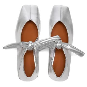 VOLEECE Silver Bow Ballet Flats Shoes for Women Bow Tie Slip On Mary Jane Flats Square Toe Casual Dress Ballerina Shoes