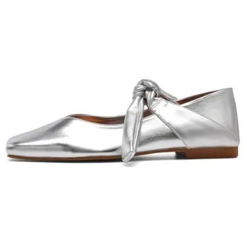 VOLEECE Silver Bow Ballet Flats Shoes for Women Bow Tie Slip On Mary Jane Flats Square Toe Casual Dress Ballerina Shoes