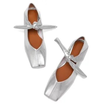 VOLEECE Silver Bow Ballet Flats Shoes for Women Bow Tie Slip On Mary Jane Flats Square Toe Casual Dress Ballerina Shoes